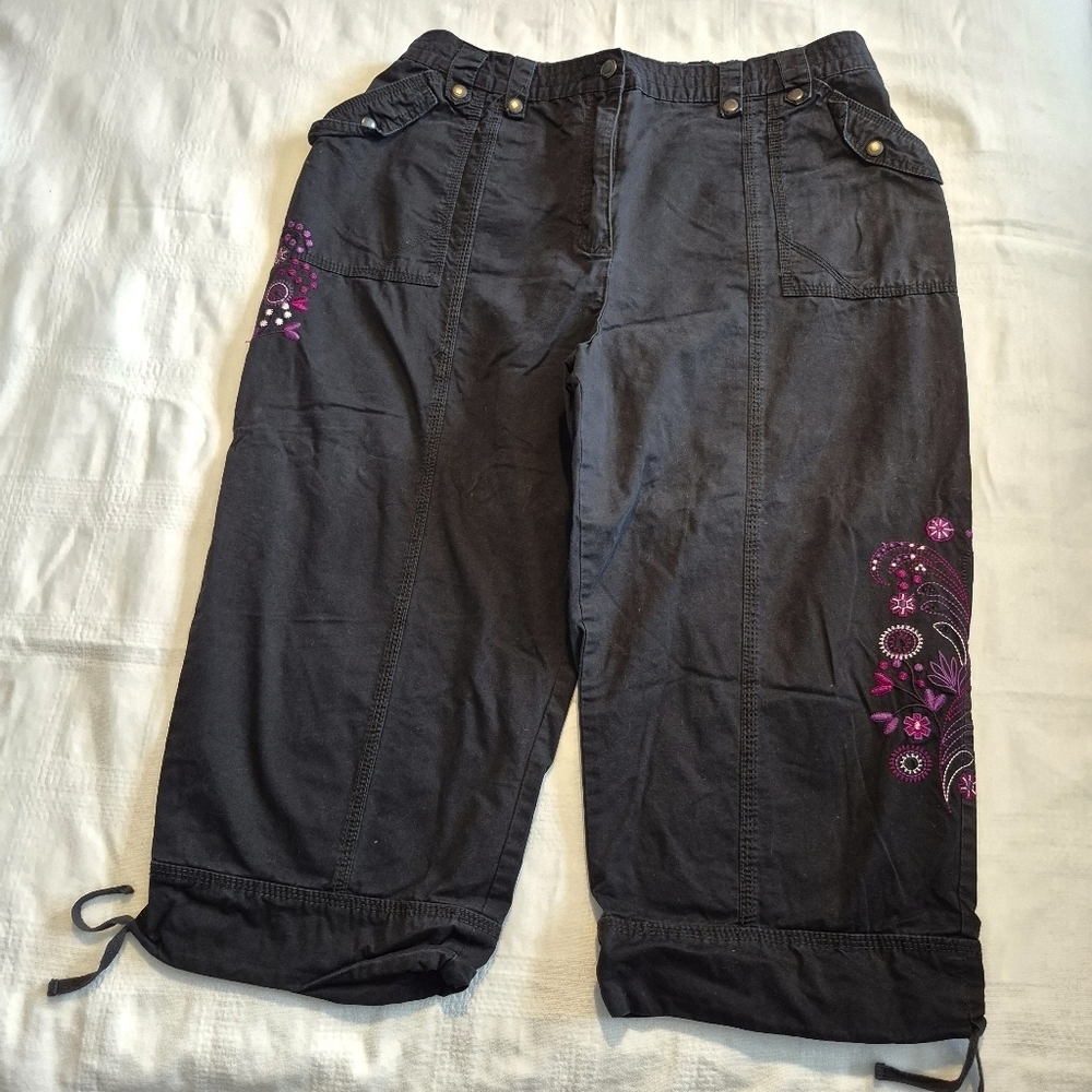 Penningtons Black Capris with Pink Embroidered Floral Accents
